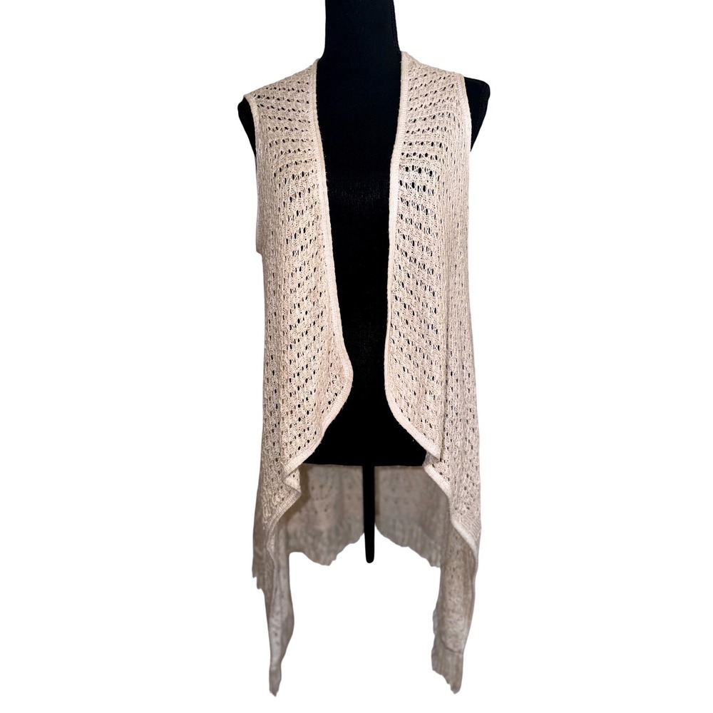 Boho Crochet Open Front Knit Vest Large Cream Fringe Hippie Festival Ethereal